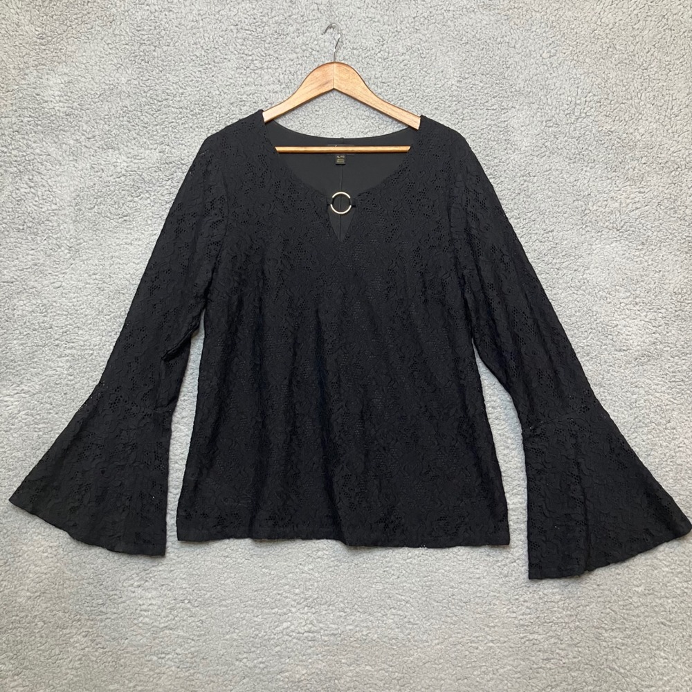 Thalia Sodi Top Women XL Black Lace Bell Sleeve Gold Ring Witchy Vamp Whimsigoth